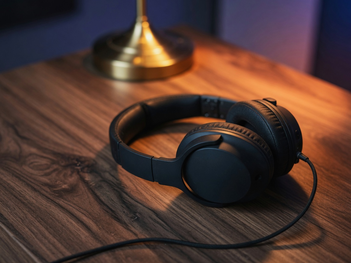 Stereo headphones on a nightstand.