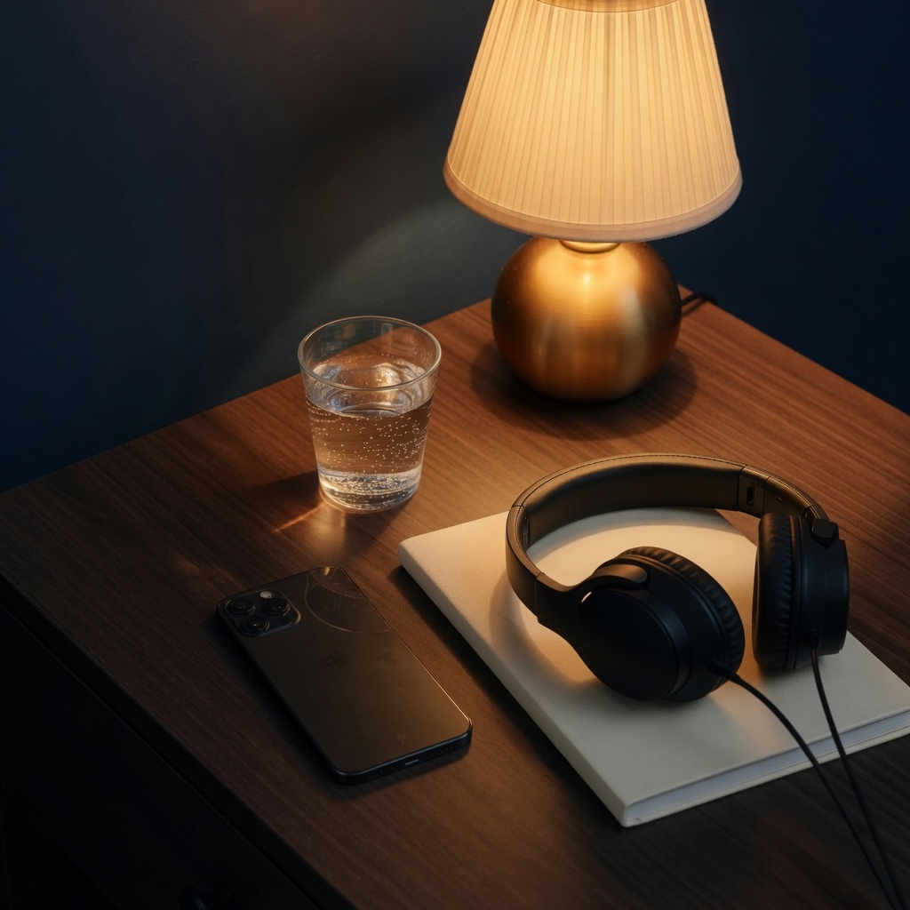 Headphones, phone, and a notebook under a lamp.